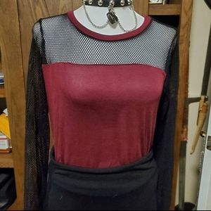 Burgundy and black mesh long sleeve shirt
